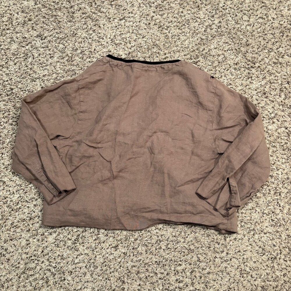 Brown  Blouse With Black Floral Cutouts & 3/4 Sleeves V-Neck Womens M - Picture 3 of 7